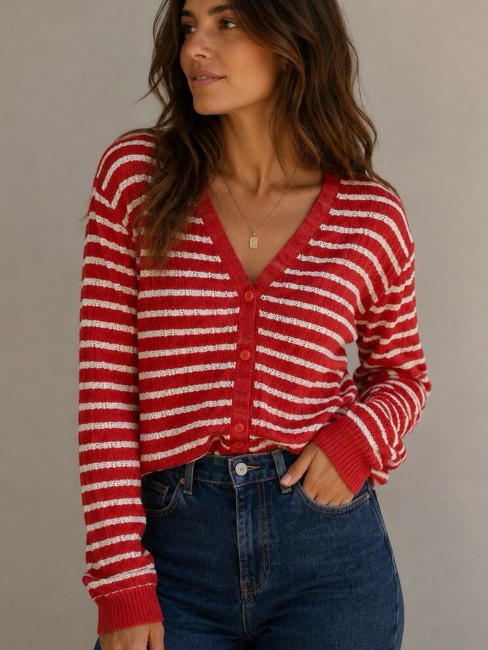 Old Navy Red and White Striped V-Neck Button-Front Cardigan
